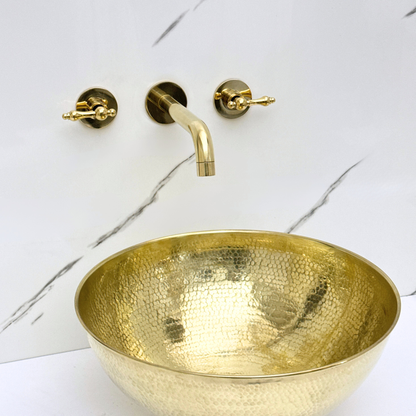 Unlacquered Brass Wall-Mount Faucet with Lever handles, Push-Up Drain & P-trap