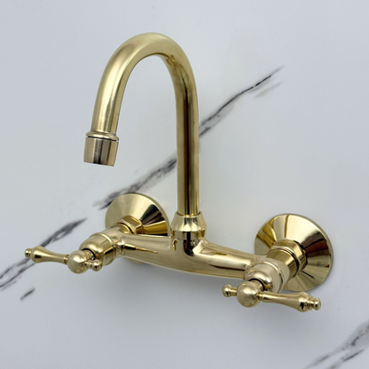 Unlacquered 6.5-Inch Gooseneck Brass Wall Faucet, 6-Inch Spread – Lever Handles