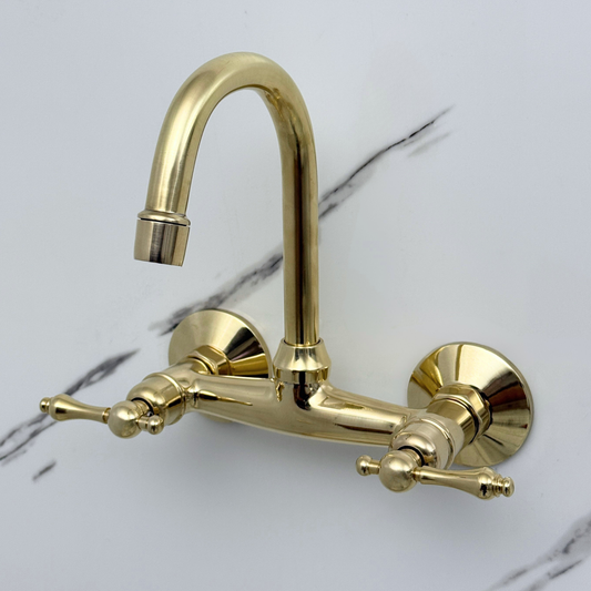Unlacquered 6.5-Inch Gooseneck Brass Wall Faucet, 6-Inch Spread – Lever Handles