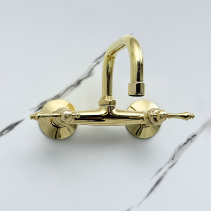 Unlacquered Brass Wall-Mount Bathroom Faucet with Lever handles
