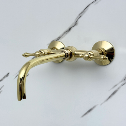 Unlacquered Brass Wall-Mount Bathroom Faucet with Lever handles