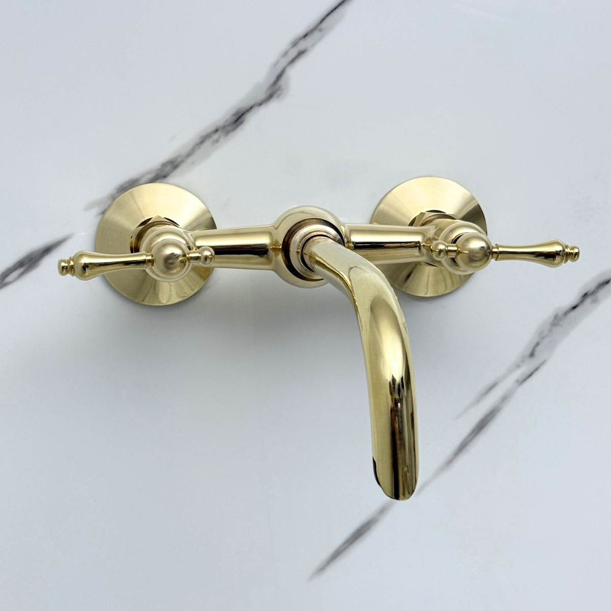 Unlacquered Brass Wall-Mount Bathroom Faucet with Lever handles