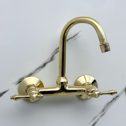 Unlacquered 6.5-Inch Gooseneck Brass Wall Faucet, 6-Inch Spread – Lever Handles