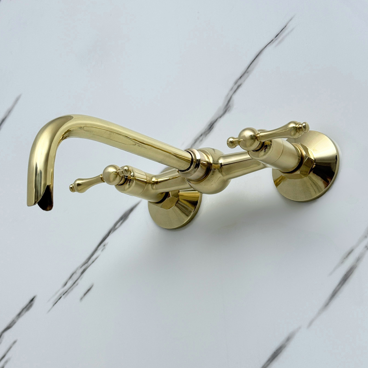 Unlacquered Brass Wall-Mount Bathroom Faucet with Lever handles