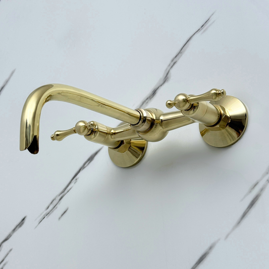 Unlacquered Brass Wall-Mount Bathroom Faucet with Lever handles