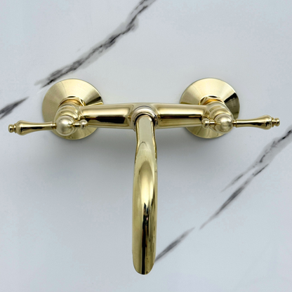 Unlacquered Brass Wall-Mount Bathroom Faucet with Lever handles