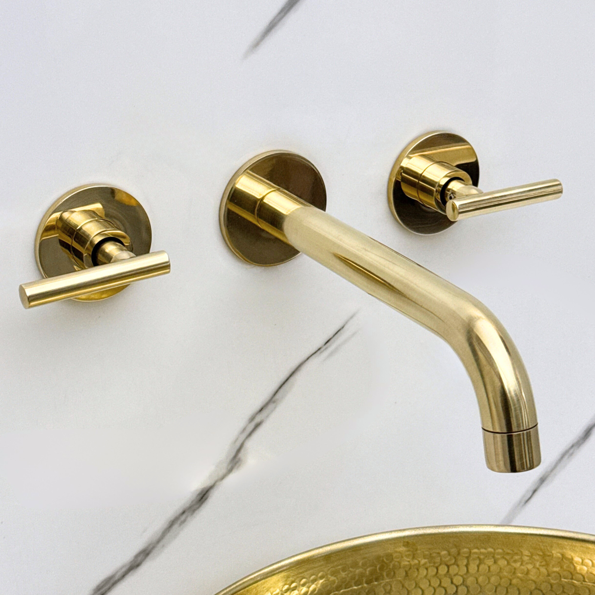 Unlacquered Brass Wall-Mount Faucet with Lever handles, Push-Up Drain & P-trap