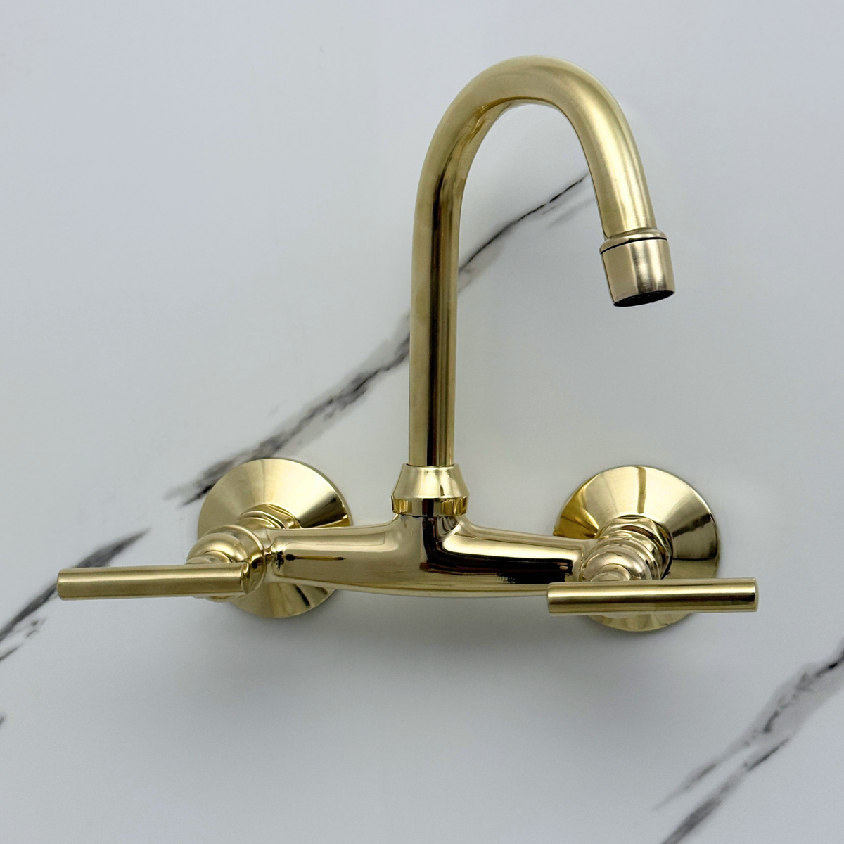 Unlacquered 6.5-Inch Gooseneck Brass Wall Faucet, 6-Inch Spread – Lever Handles