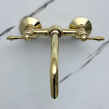 Unlacquered Brass Wall-Mount Bathroom Faucet with Lever handles