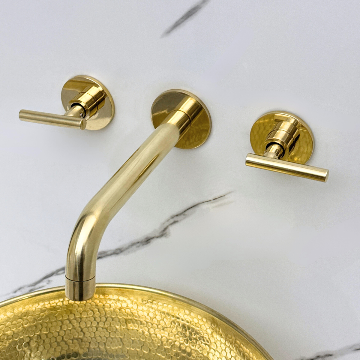 Unlacquered Brass Wall-Mount Faucet with Lever handles, Push-Up Drain & P-trap