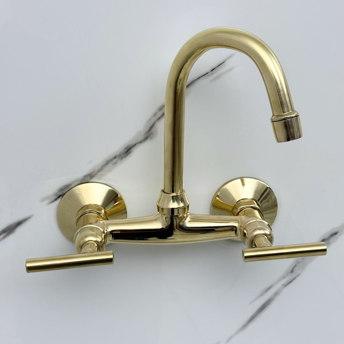 Unlacquered 6.5-Inch Gooseneck Brass Wall Faucet, 6-Inch Spread – Lever Handles