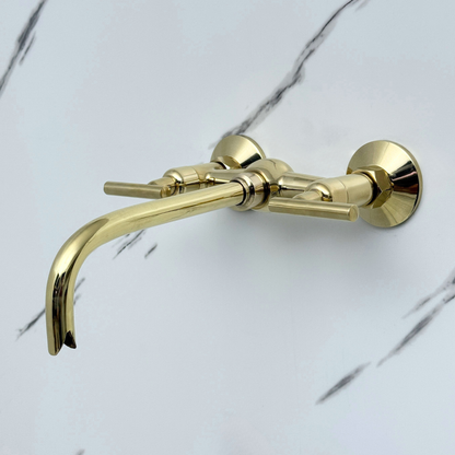 Unlacquered Brass Wall-Mount Bathroom Faucet with Lever handles