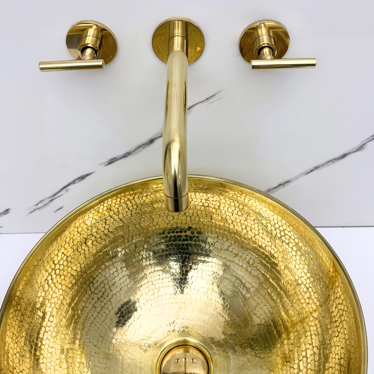 Unlacquered Brass Wall-Mount Faucet with Lever handles, Push-Up Drain & P-trap