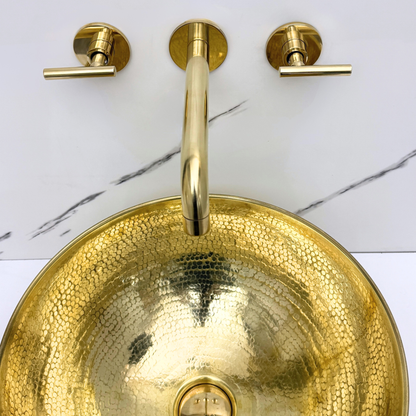 Unlacquered Brass Wall-Mount Faucet with Lever handles, Push-Up Drain & P-trap