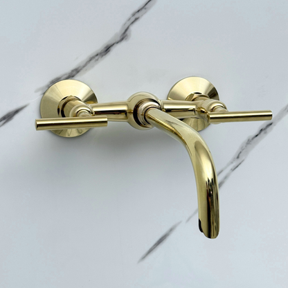 Unlacquered Brass Wall-Mount Bathroom Faucet with Lever handles