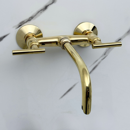 Unlacquered Brass Wall-Mount Bathroom Faucet with Lever handles