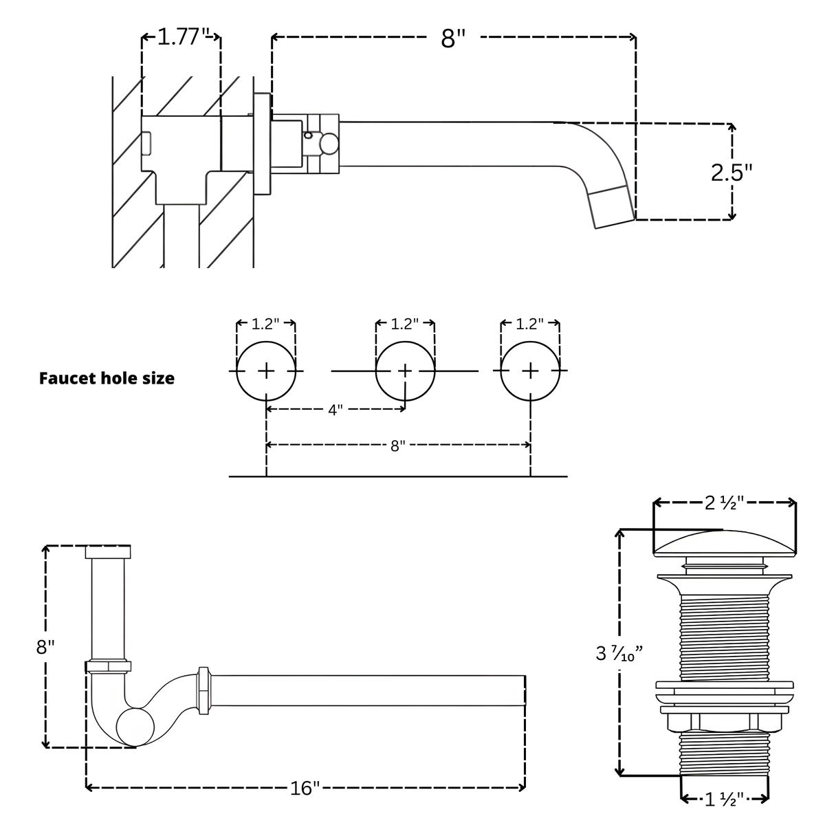 Unlacquered Brass Wall-Mount Faucet with Lever handles, Push-Up Drain & P-trap