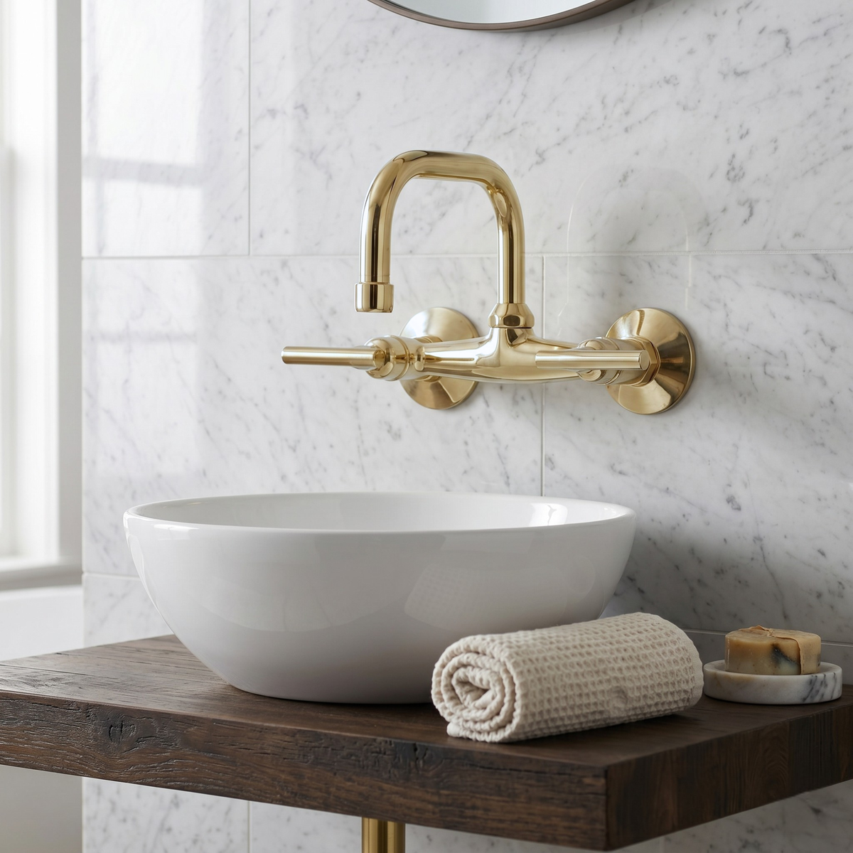 Unlacquered Brass Wall-Mount Bathroom Faucet with Lever handles