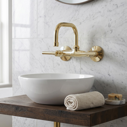 Unlacquered Brass Wall-Mount Bathroom Faucet with Lever handles