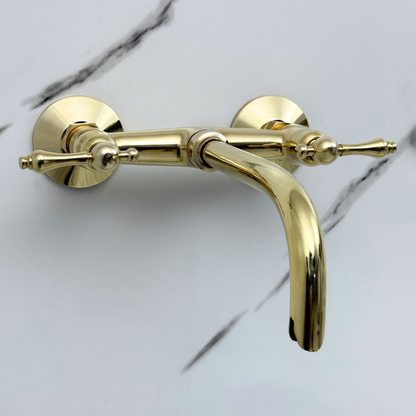 Unlacquered Brass Wall-Mount Bathroom Faucet with Lever handles