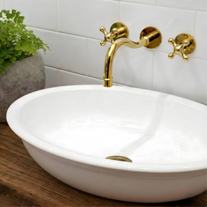 Unlacquered Brass Wall Mount Bathroom Faucet with Cross Handles