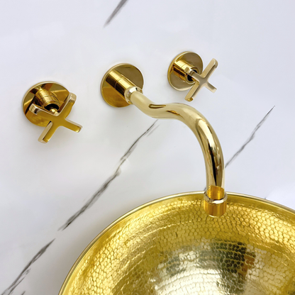 Unlacquered Brass Wall Mount Bathroom Faucet with Cross Handles