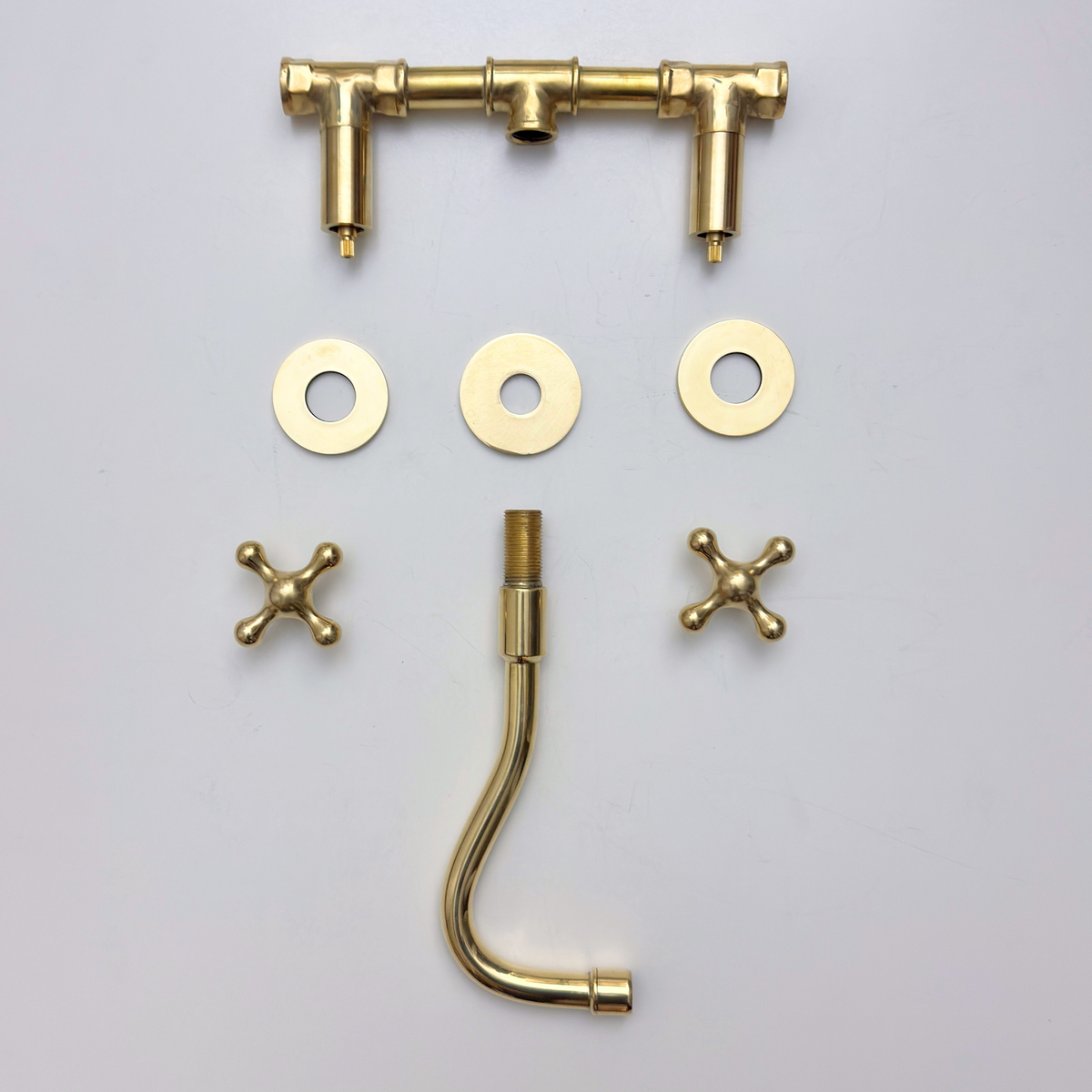 Unlacquered Brass Wall Mount Bathroom Faucet with Cross Handles