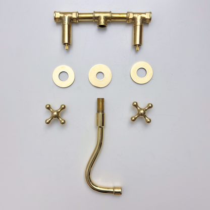 Unlacquered Brass Wall Mount Bathroom Faucet with Cross Handles
