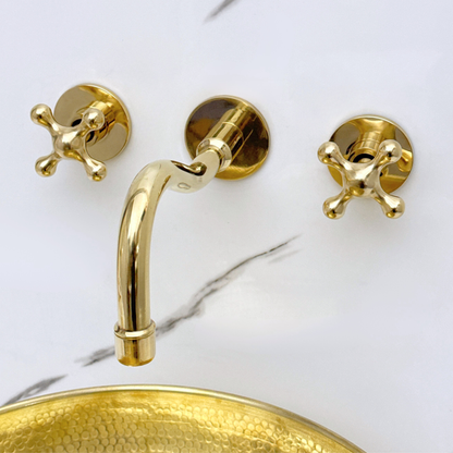 Unlacquered Brass Wall Mount Bathroom Faucet with Cross Handles