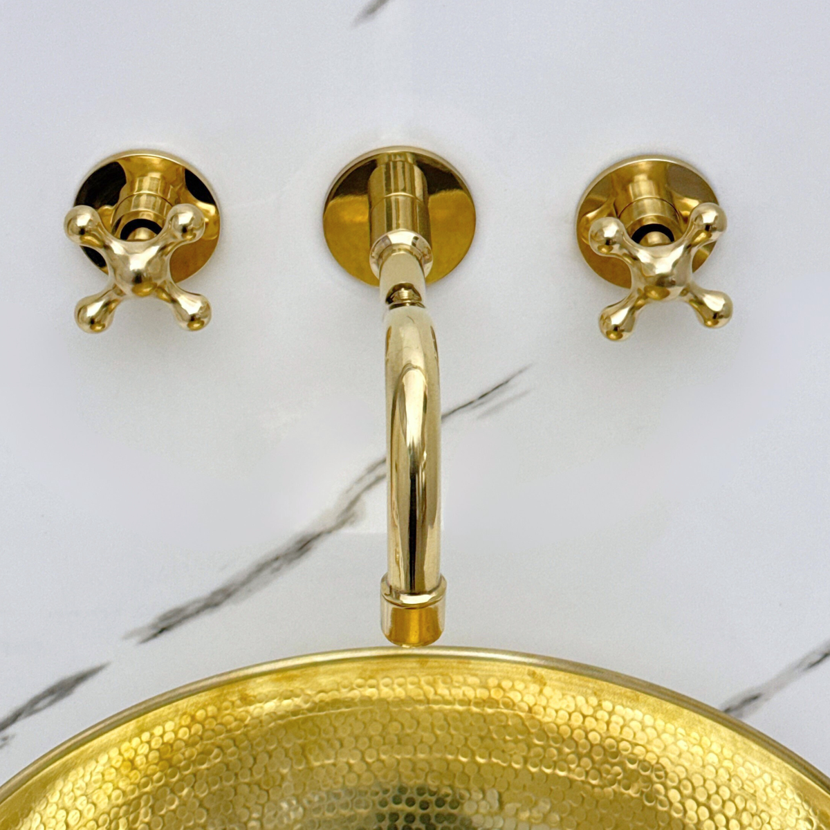 Unlacquered Brass Wall Mount Bathroom Faucet with Cross Handles