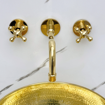 Unlacquered Brass Wall Mount Bathroom Faucet with Cross Handles