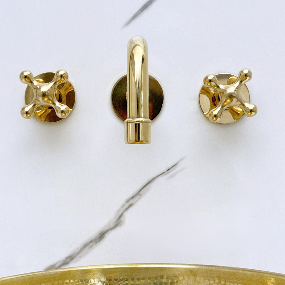 Unlacquered Brass Wall Mount Bathroom Faucet with Cross Handles
