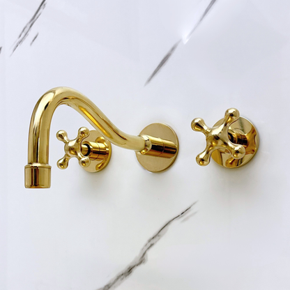 Unlacquered Brass Wall Mount Bathroom Faucet with Cross Handles