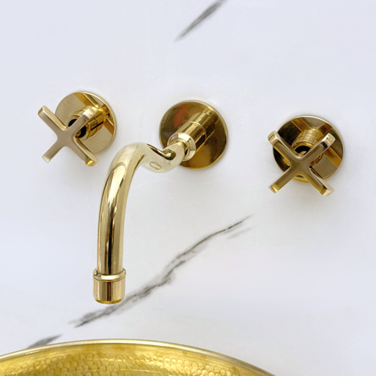 Unlacquered Brass Wall Mount Bathroom Faucet with Cross Handles