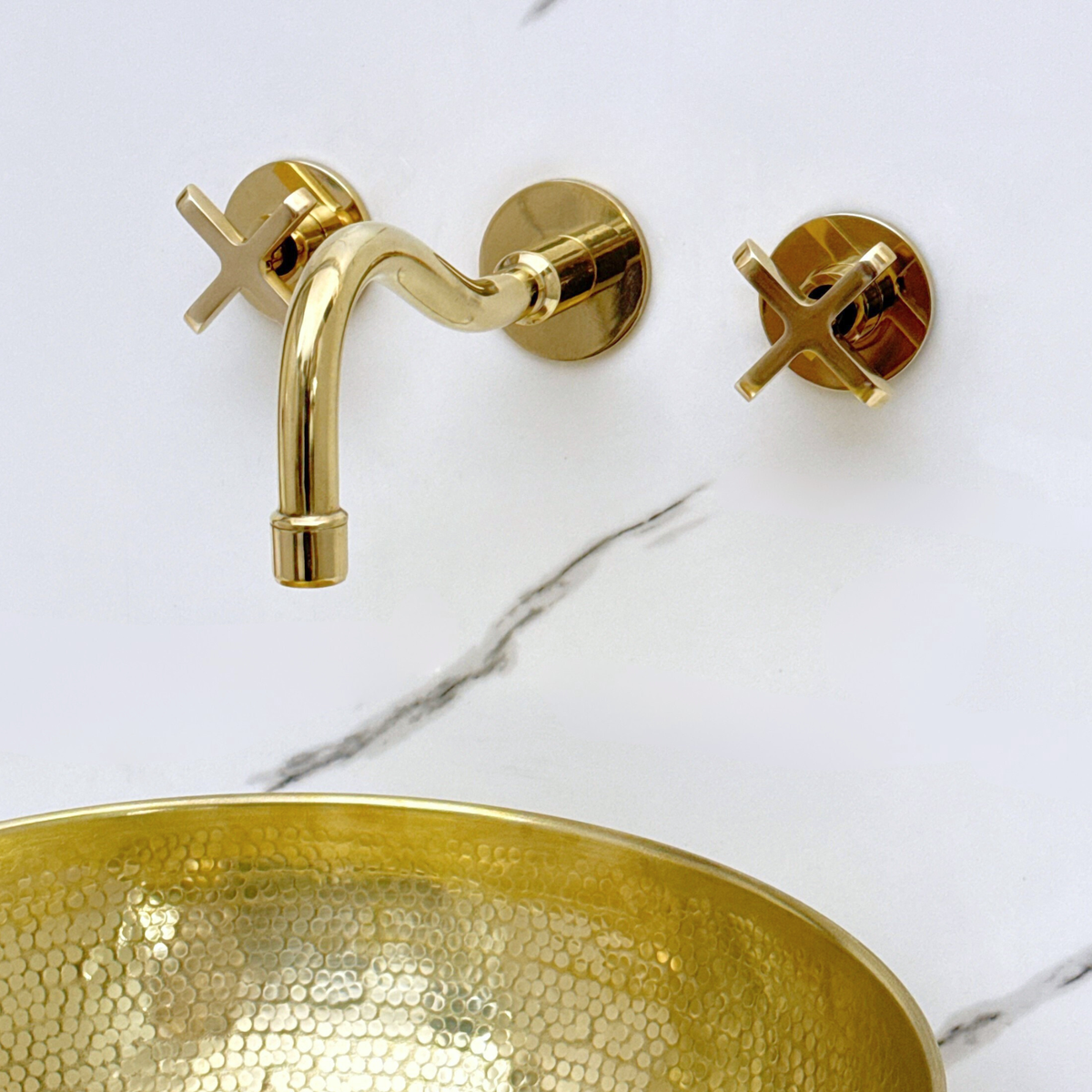 Unlacquered Brass Wall Mount Bathroom Faucet with Cross Handles