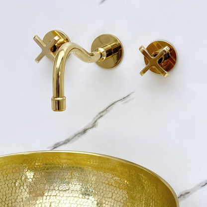 Unlacquered Brass Wall Mount Bathroom Faucet with Cross Handles
