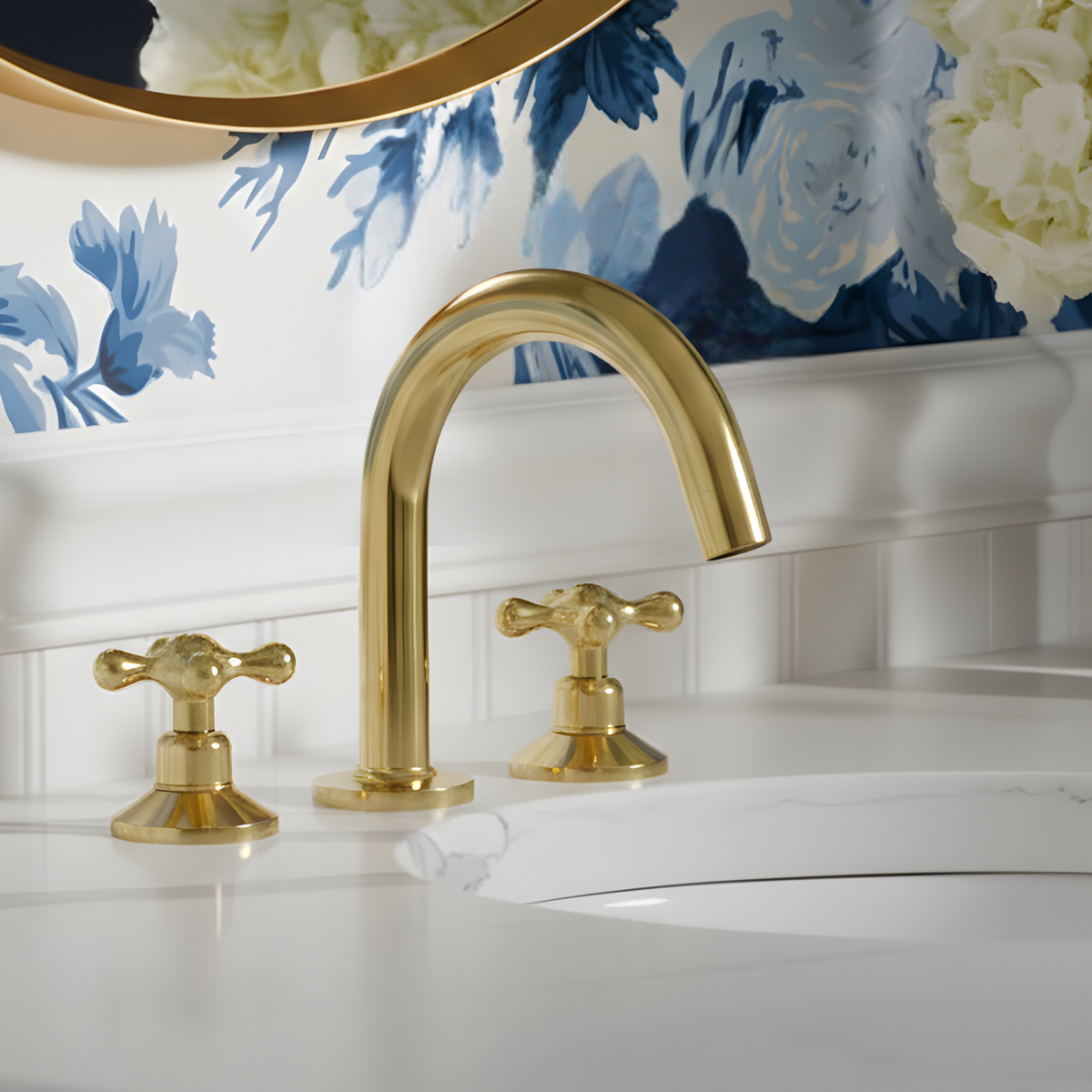 Unlacquered Brass Gooseneck Widespread Bathroom Faucet with Cross Handles – Classic Arc