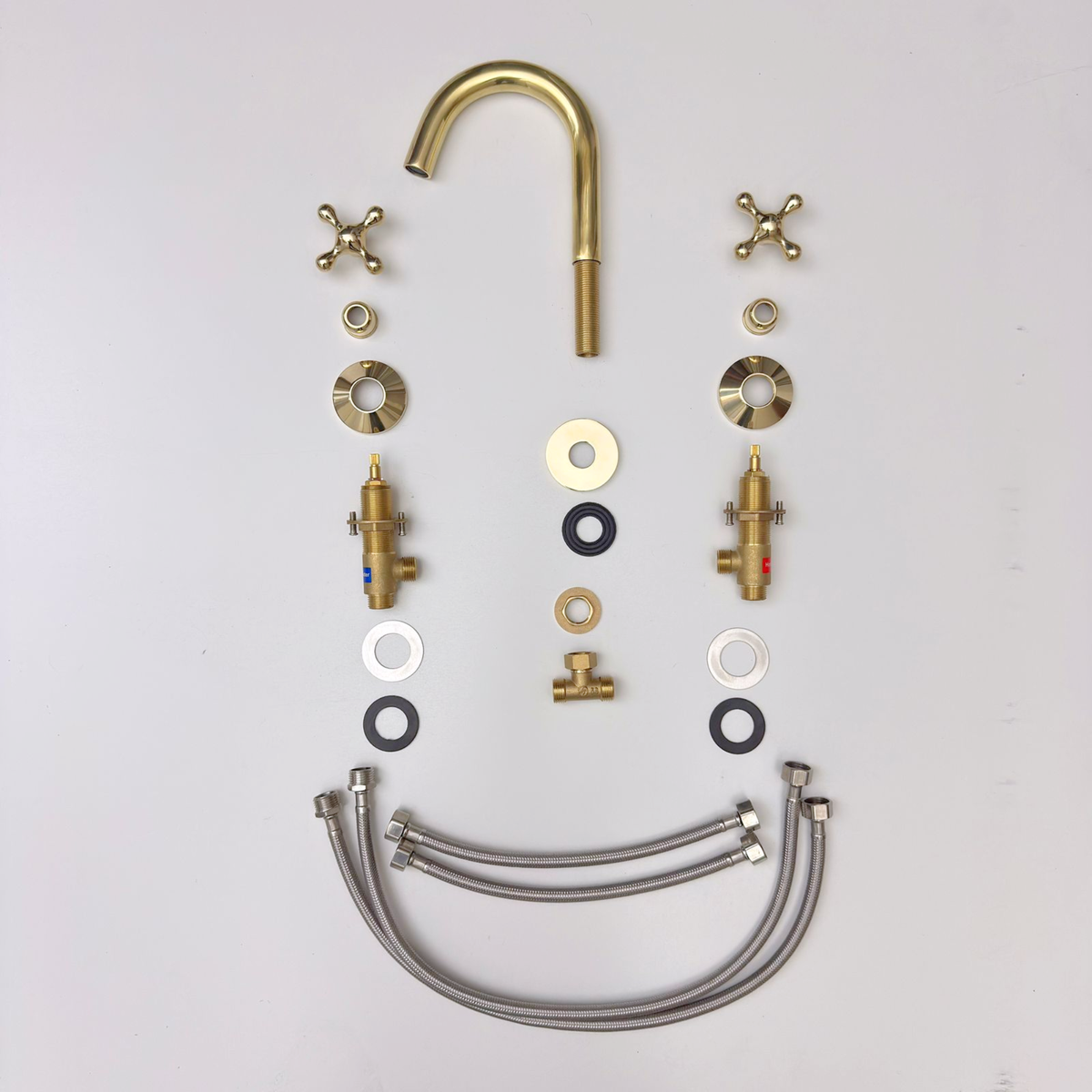 Unlacquered Brass Gooseneck Widespread Bathroom Faucet with Cross Handles – Classic Arc