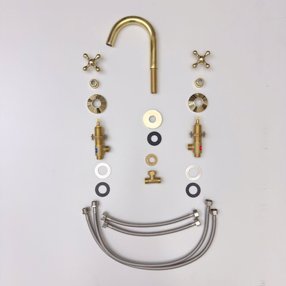 Unlacquered Brass Gooseneck Widespread Bathroom Faucet with Cross Handles – Classic Arc
