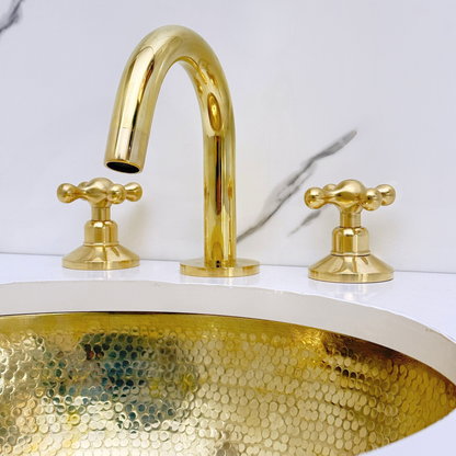 Unlacquered Brass Gooseneck Widespread Bathroom Faucet with Cross Handles – Classic Arc