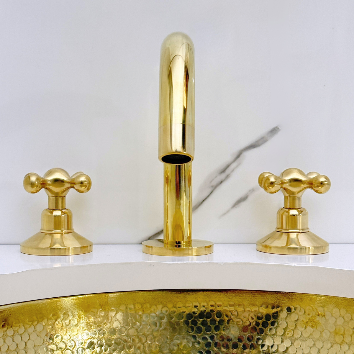 Unlacquered Brass Gooseneck Widespread Bathroom Faucet with Cross Handles – Classic Arc