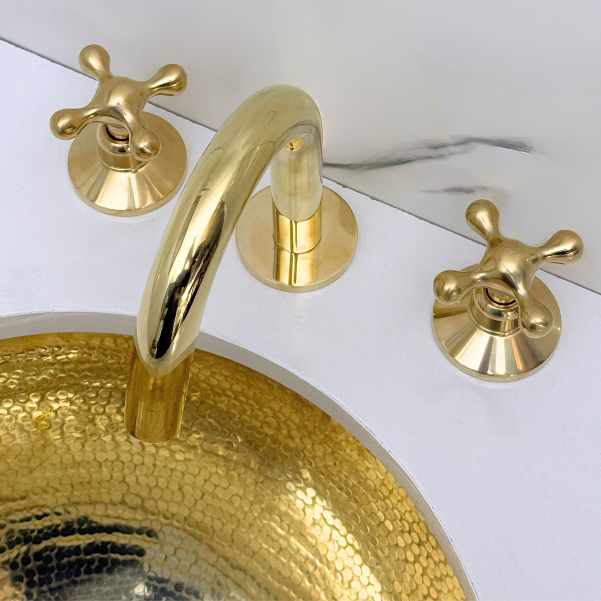 Unlacquered Brass Gooseneck Widespread Bathroom Faucet with Cross Handles – Classic Arc