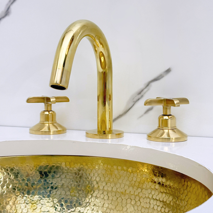 Unlacquered Brass Gooseneck Widespread Bathroom Faucet with Cross Handles – Classic Arc