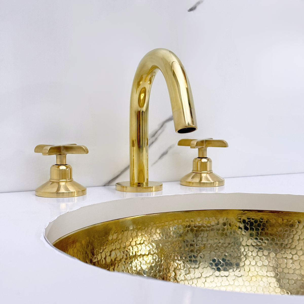Unlacquered Brass Gooseneck Widespread Bathroom Faucet with Cross Handles – Classic Arc