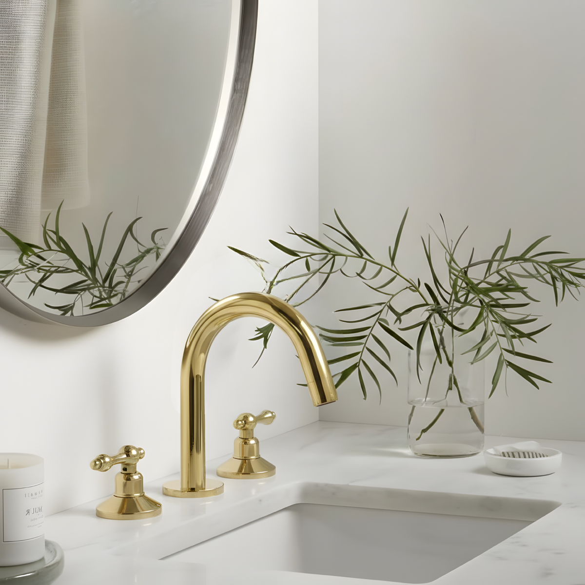 Unlacquered Brass Gooseneck Widespread Bathroom Faucet with Lever Handles – Classic Arc