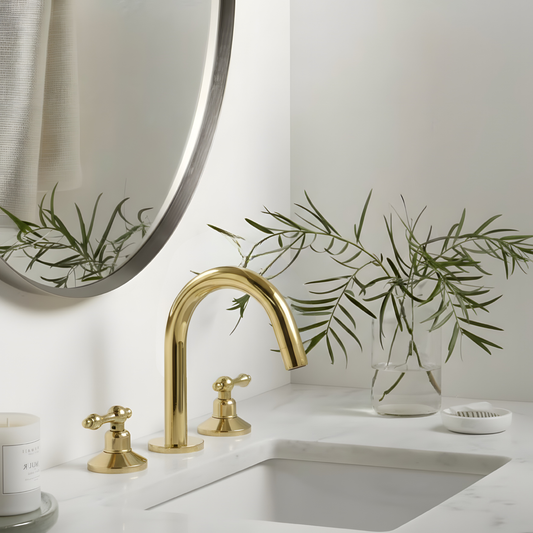 Unlacquered Brass Gooseneck Widespread Bathroom Faucet with Lever Handles – Classic Arc