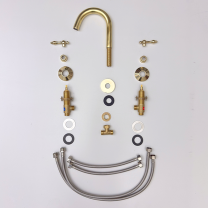 Unlacquered Brass Gooseneck Widespread Bathroom Faucet with Lever Handles – Classic Arc