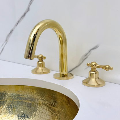 Unlacquered Brass Gooseneck Widespread Bathroom Faucet with Lever Handles – Classic Arc