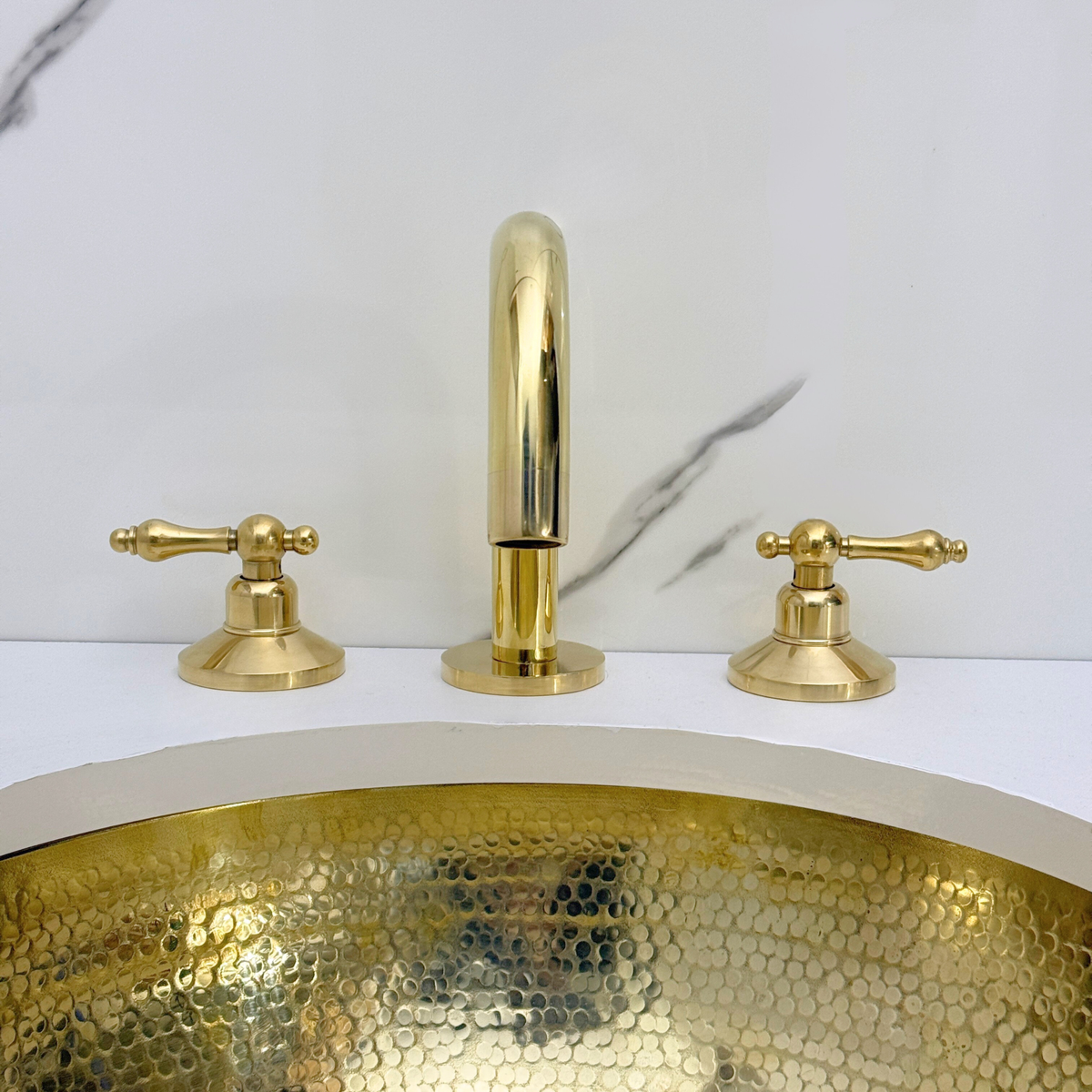 Unlacquered Brass Gooseneck Widespread Bathroom Faucet with Lever Handles – Classic Arc