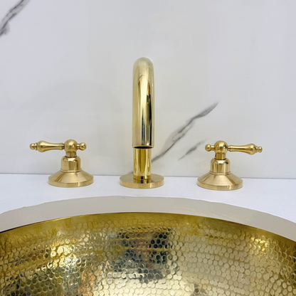 Unlacquered Brass Gooseneck Widespread Bathroom Faucet with Lever Handles – Classic Arc